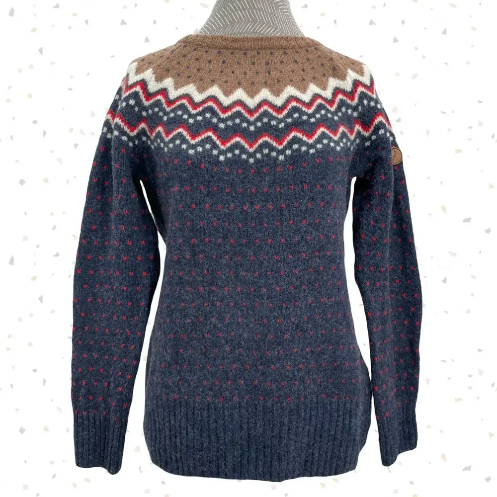 Fjallraven Ovik Knit Sweater Navy Blue Tan Wool Nordic Winter Pullover Size S
